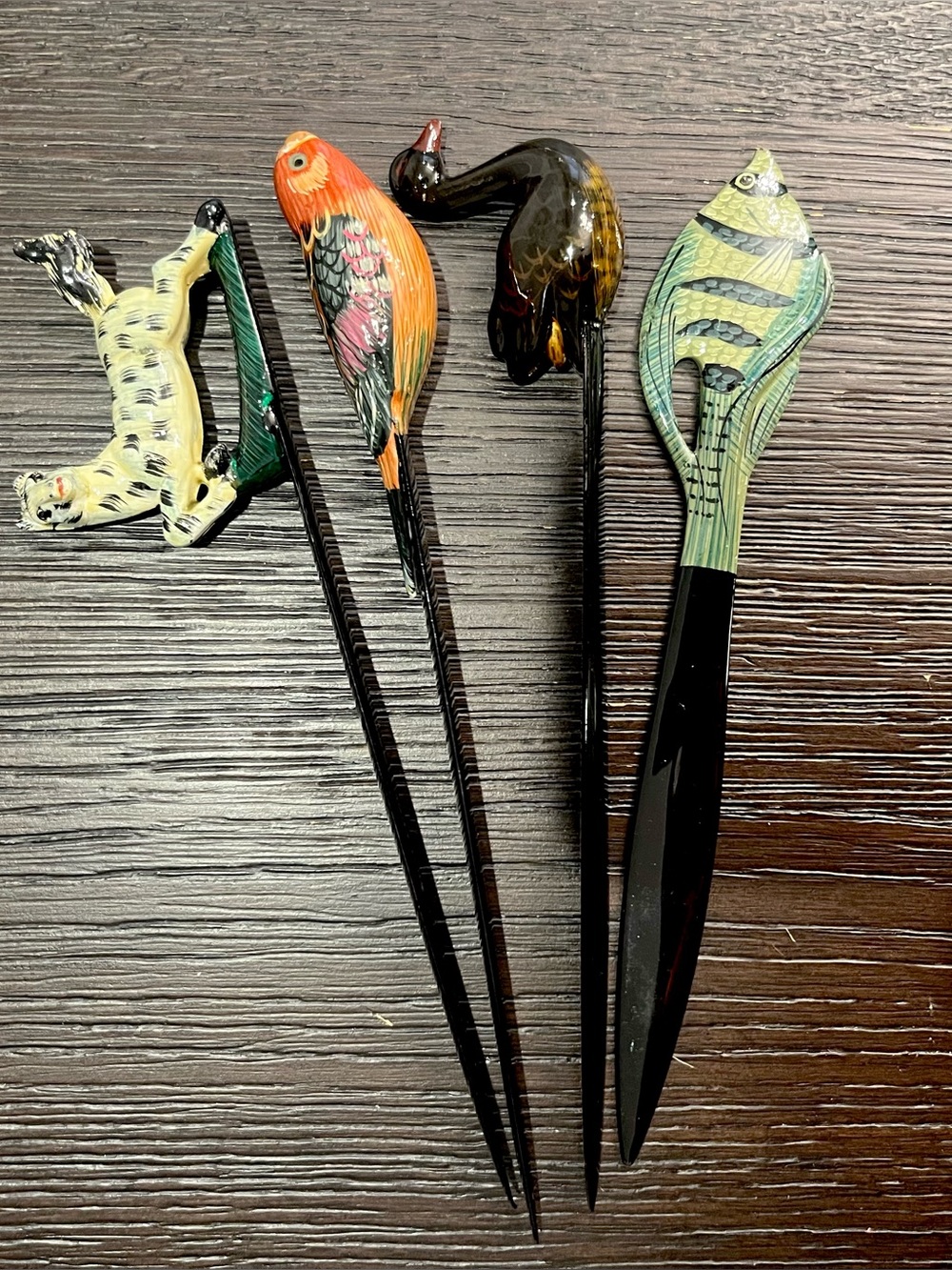 Vintage Hand Carved Set Of Wooden Duck Zebra Fish Bird Letter Openers